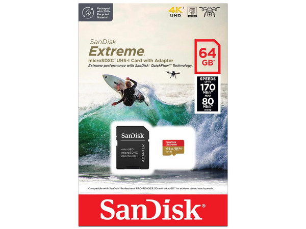Memoria MicroSD Sandisk Extreme de 64GB para Action Cam.