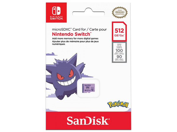 Memoria SanDisk Pokémon Gengar, MicroSDXC UHS-I U3 de 512GB, para Nintendo Switch. Color Morado.