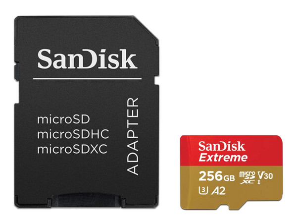 Memoria Sandisk Extreme MicroSDXC UHS-I de 256 GB, Clase 10, incluye adaptador SD.