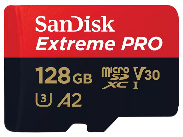 Memoria Sandisk Extreme Pro MicroSD U3 V30 A2 de 128GB, Clase 10, Incluye Adaptador SD.