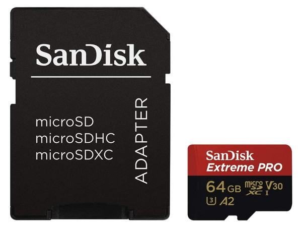 Memoria SanDisk Extreme PRO MicroSDXC UHS-I U3 V30 A2 de 64GB, Incluye Adaptador SD.