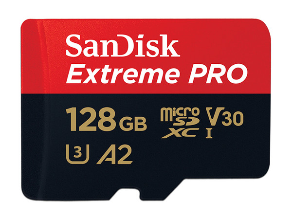 Memoria Sandisk Extreme Pro MicroSDXC UHS-II U3, V30, A2, clase 10 de 128GB.