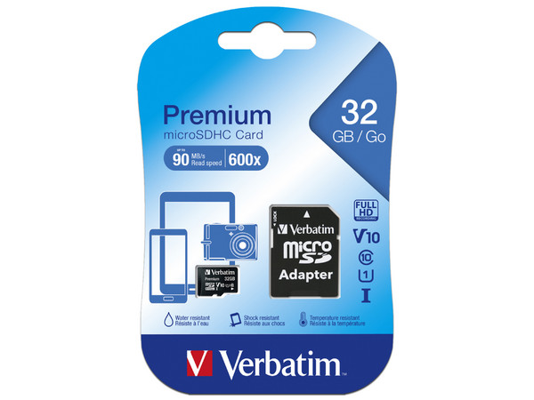 Memoria Verbatim Premium Micro SDHC de 32GB, clase 10 con adaptador.