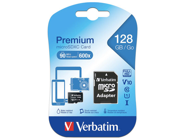 Memoria Verbatim Premium MicroSDXC UHS-I U1 DE 128GB, clase 10, Incluye adaptador SD.