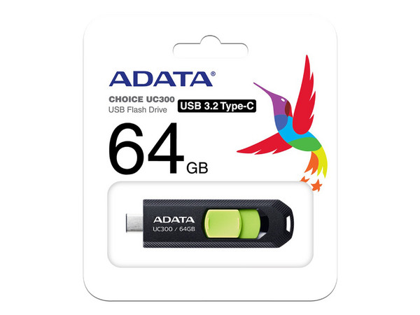 Unidad Flash USB 3.2 ADATA UC300 de 64GB, USB C. Color Negro con Verde.