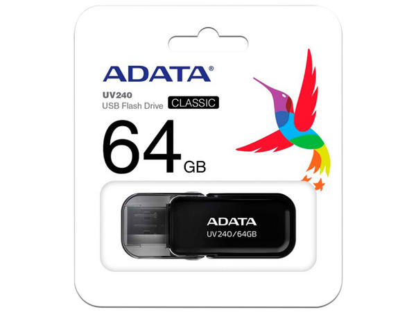 Unidad Flash USB Adata UV240, 64GB, USB 2.0, Color Negro.