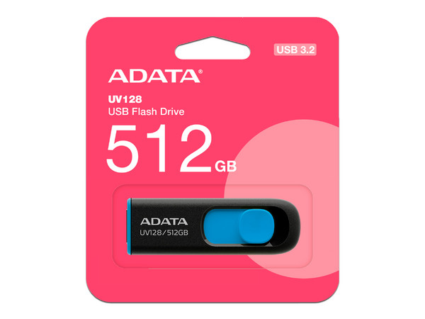 Unidad Flash USB 3.2 ADATA UV128 de 512GB. Color Negro/Azul.
