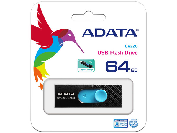 Unidad Flash USB 2.0 Adata UV220 de 64GB. Color Negro/Azul.