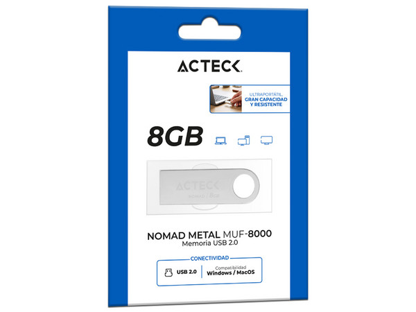 Unidad Flash USB Acteck Nomad Metal MUF-8000 de 8 GB, USB 2.0, Metálica. Color Plata.