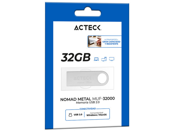 Unidad Flash USB Acteck AC-946216 de 32 GB, USB 2.0, Metálica. Color Plata.