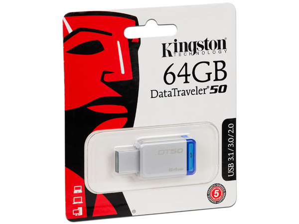 Unidad Flash USB 3.1 Kingston DataTraveler 50 con Elegante y Moderno Diseño de 64GB. Color Azul. Incluye Cordón Kingston para memoria USB.
