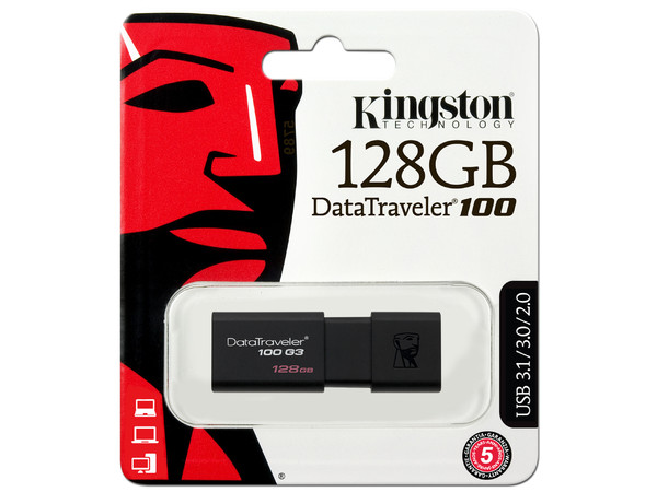Unidad Flash USB 3.0 Kingston DataTraveler 100 G3 de 128 GB.