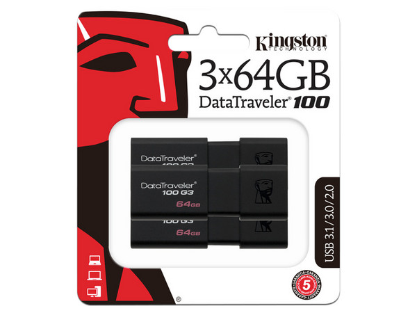 Kit de Unidades Flash USB 3.0 Kingston DataTraveler 100 G3 de 64GB. (Paquete de 3).