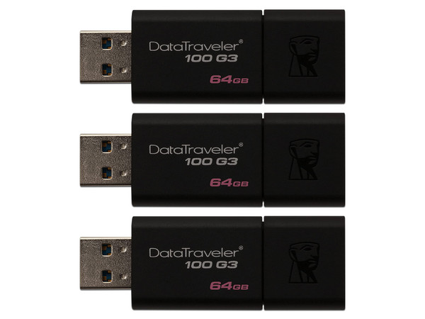 Kit de Unidades Flash USB 3.0 Kingston DataTraveler 100 G3 de 64GB. (Paquete de 3).