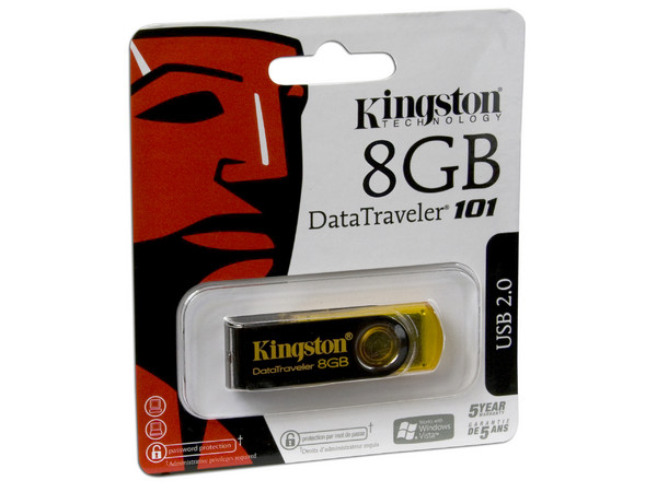Unidad Flash USB 2.0 Kingston DataTraveler 101 de 8GB. Color Amarillo