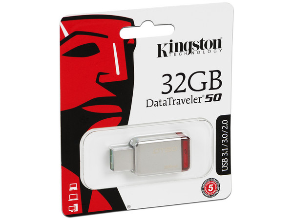 Paquete de 100 Unidades Flash USB 3.1 Kingston DataTraveler 50 con Elegante y Moderno Diseño de 32GB Color Rojo.