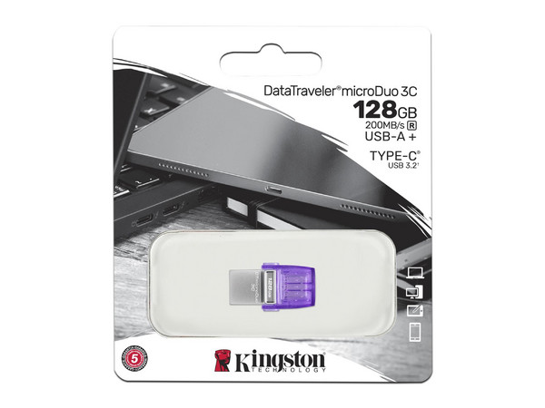 Unidad Flash USB 3.2 Kingston DataTraveler microDuo 3C de 128GB, Puerto USB-A y USB-C. Color Morado.