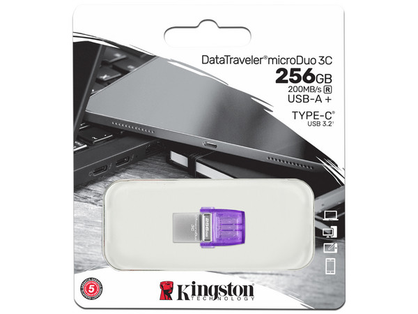 Unidad Flash USB 3.2 Kingston DataTraveler microDuo 3C de 256GB, Puerto USB-A y USB-C, Color Morado.