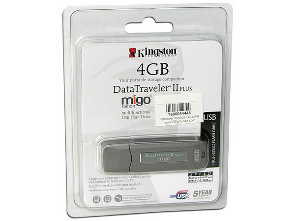 Unidad Flash USB 2.0 Kingston DataTraveler II Edición Migo de 4 GB. Velocidad de 13/19MBps (Escribe/Lee)