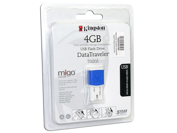 Unidad Flash USB 2.0 Kingston Data Traveler Mini–Migo Edition de 4GB.