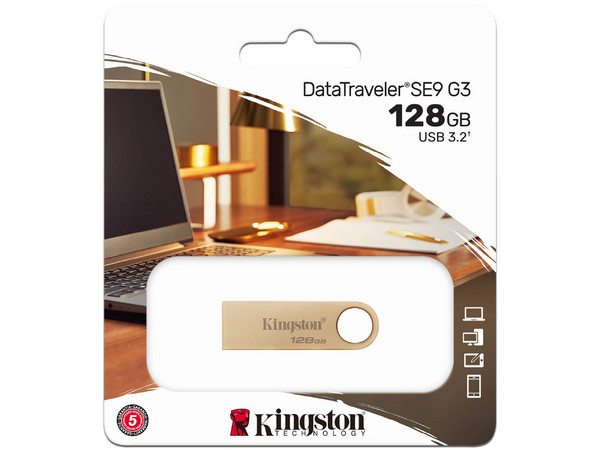 Unidad Flash USB 3.2 Kingston DataTraveler SE9 G3 de 128GB, Color Dorado.