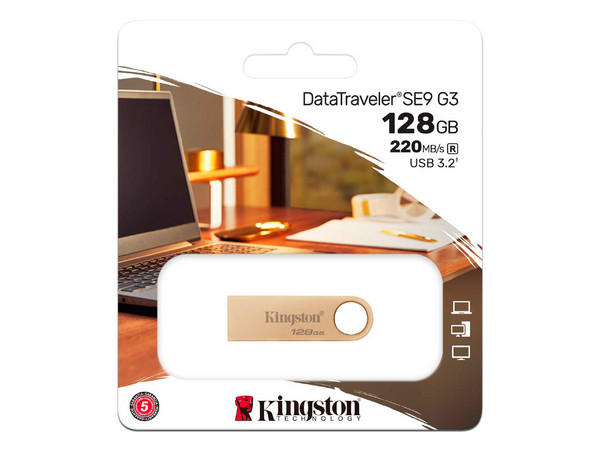 Unidad Flash USB 3.2 Kingston DataTraveler SE9 G3 de 128GB. Color Dorado.