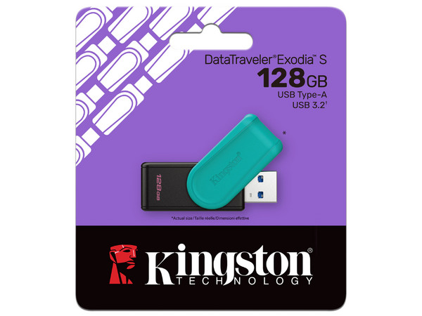 Memoria USB Kingston DataTraveler Exodia S, 128 GB, 3.2 Gen 1. Color Negro/Turquesa