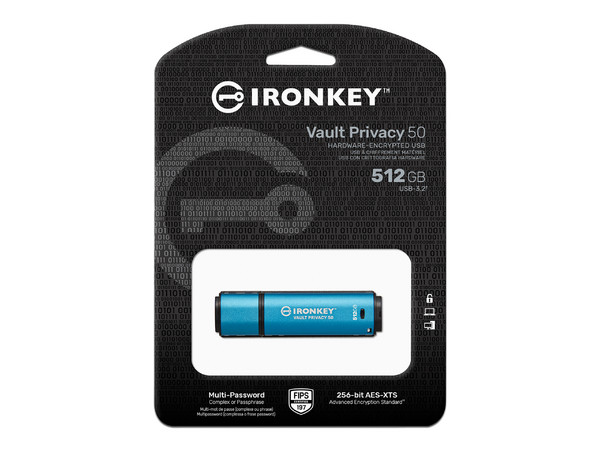 Unidad Flash USB 3.2 Kingston IronKey Vault Privacy 50 Serie de 512GB. Color Azul.