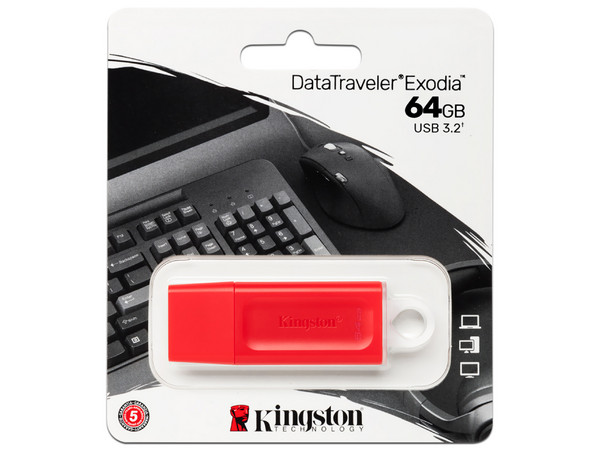Unidad Flash USB 3.2 Kingston DataTraveler Exodia de 64GB. Color Rojo.