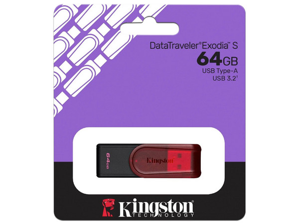 Unidad Flash USB 3.2 Kingston DataTraveler Exodia S de 64 GB, USB 3.2 Gen 1. Color Rojo.