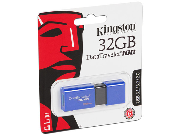 Unidad Flash USB 3.0 Kingston DataTraveler 100 G3 de 32 GB, Color Azul.