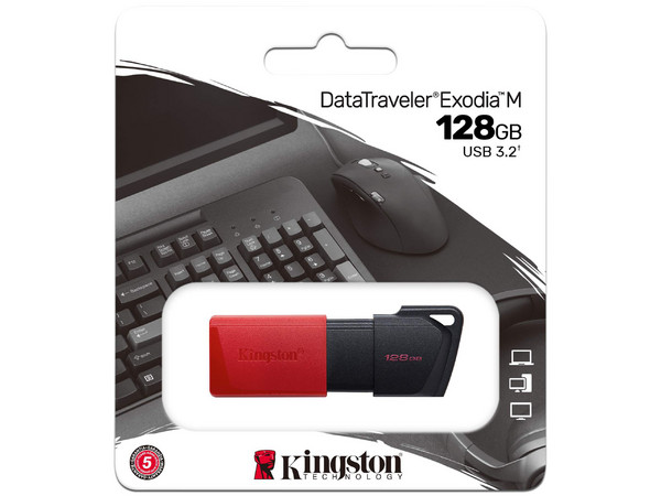 Kingston DataTraveler Exodia M, Memoria Flash USB 128GB, USB 3.2 Gen 1, Tapa Deslizante, Negro con Rojo.