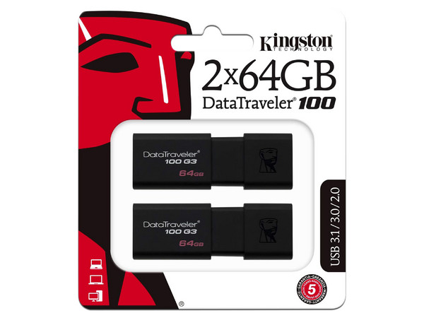 Kit de Unidades Flash USB 3.0 Kingston DataTraveler 100 G3 de 64GB. (Paquete de 2).