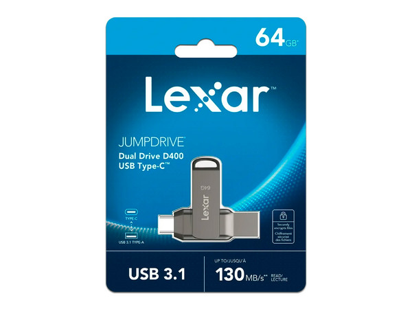 Unidad Flash USB 3.1 Lexar JumpDrive Dual Drive D400 de 64GB, USB-C y USB-A.
