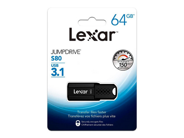 Unidad Flash USB 3.1 Lexar JumpDrive S80 de 64GB. Color Negro.