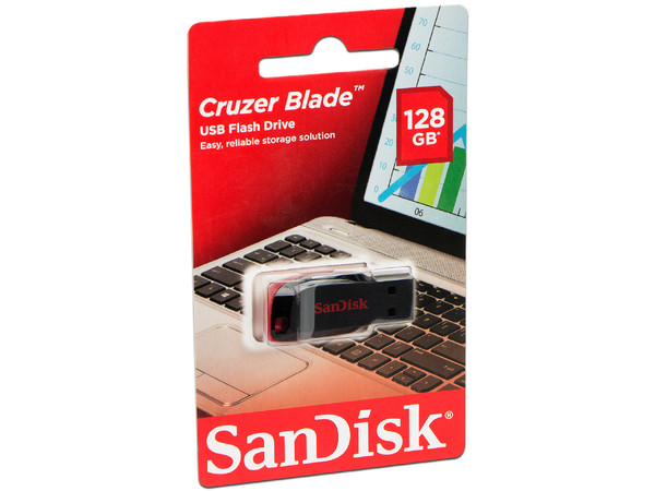 Unidad Flash USB 2.0 SanDisk Cruzer Blade de 128 GB. Color Negro/Rojo