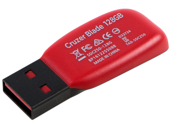 Unidad Flash USB 2.0 SanDisk Cruzer Blade de 128 GB. Color Negro/Rojo