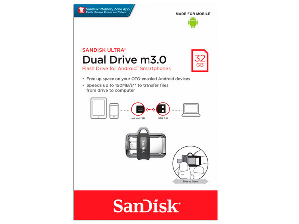 Unidad Flash USB 3.0/microUSB Sandisk DUAL M3.0 OTG de 32 GB.