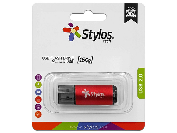 Unidad Flash USB 2.0 Stylos de 16 GB, Color Rojo.