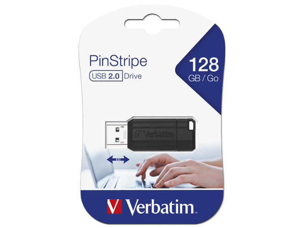Unidad Flash USB 2.0 Verbatim PinStripe de 128GB. Color Negro.