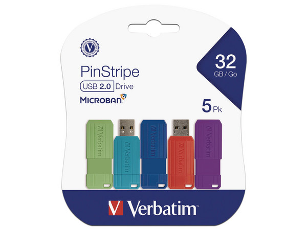 Unidad Flash USB 2.0 Verbatim PinStripe 70055 de 32GB, 5 Piezas. Multicolor.