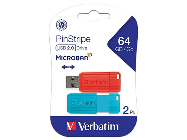 Unidad Flash USB 2.0 Verbatim PinStripe 70059 de 64GB, 2 Piezas. Color Azul y Rojo.