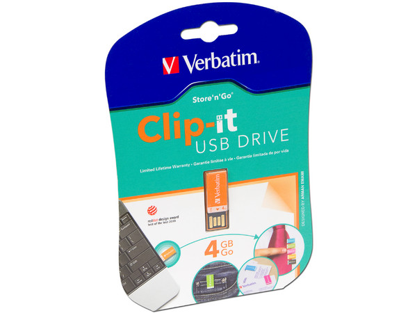 Unidad Flash USB 2.0 Verbatim Clip-it de 4 GB. Color Naranja
