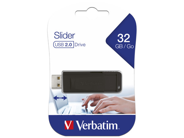 Unidad Flash USB 2.0 Verbatim Slider de 32GB. Color Negro.