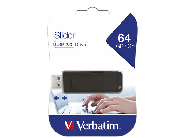 Unidad Flash USB 2.0 Verbatim Slider de 64GB. Color Negro.