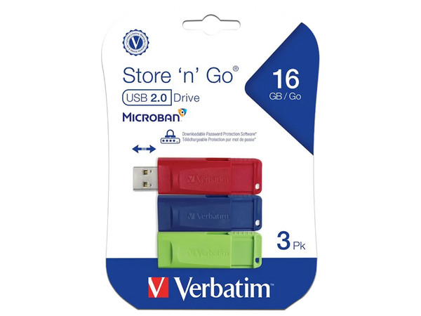 Paquete de 3 Unidades Flash USB 3.2 Verbatim 99122 de 16GB. Multicolores.