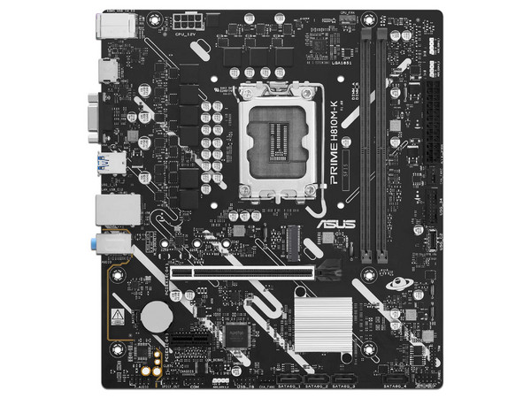 T. Madre ASUS PRIME H810M-K: 
Chipset Intel H810, 
Segmento: Básico, 
Socket 1851, 
Soporta: Procesadores Intel Ultra, 
Memoria: DDR5 6400MHz, 64GB Max, 
Integrado: AudioHD, Red, USB, M.2, 
Micro-ATX, Ptos: 1xPCIE4.0x16, 1xPCIE4.0x1.