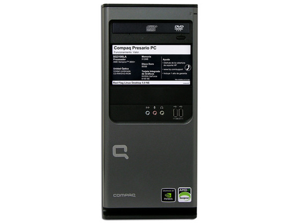 Computadora Compaq Presario SG3100LA,
Procesador AMD Sempron 3800+ (2.2 GHz),
Memoria 512MB PC2-5300 DDR2,
D.D. de 80GB, CD-RW y DVD-ROM,
Red 10/100, Módem 56K, Sistema Operativo Linux,
No Incluye Monitor.