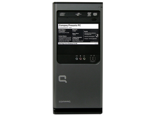 Computadora Compaq Presario SG3106LA,
Procesador Intel Pentium D 925+ (3.0 GHz),
Memoria 512MB PC2-4200 DDR2,
D.D. de 160GB, Super Multi DVD±R/RW,
Red 10/100, Módem 56K, Sistema Operativo Linux,
No Incluye Monitor.