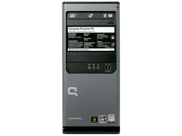 Computadora Compaq Presario SG3109LA,
Procesador AMD Athlon 64 Modelo 3200+ de 2.0Ghz,
Memoria 512MB PC2-5300 DDR2,
D.D. de 160GB, Super Multi DVD±R/RW,
Red 10/100, Módem 56K, Windows Vista Home Basic,
No Incluye Monitor.